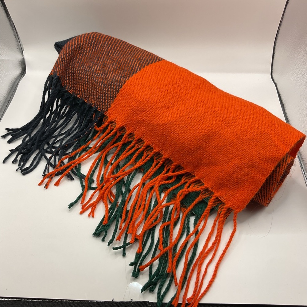 Unbranded Wide Scarf Orange, Navy & Green Fringe Winter Cold Neck Double Fold